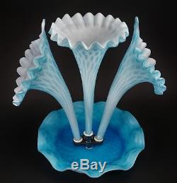 Gorgeous Blue Diamond Opalescent Art Glass 3 Horn Epergne Bowl and Vase