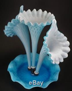 Gorgeous Blue Diamond Opalescent Art Glass 3 Horn Epergne Bowl and Vase