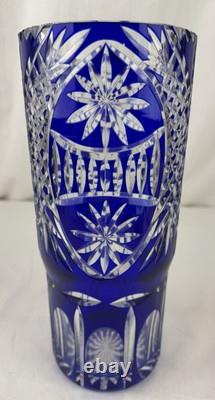 Gorgeous Bohemian Czech Cobalt Blue Cut to Clear Crystal Art Glass Vase 11 Tall