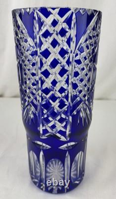 Gorgeous Bohemian Czech Cobalt Blue Cut to Clear Crystal Art Glass Vase 11 Tall