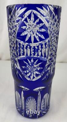 Gorgeous Bohemian Czech Cobalt Blue Cut to Clear Crystal Art Glass Vase 11 Tall