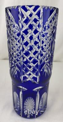 Gorgeous Bohemian Czech Cobalt Blue Cut to Clear Crystal Art Glass Vase 11 Tall