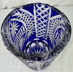 Gorgeous Bohemian Czech Cobalt Blue Cut to Clear Crystal Art Glass Vase 11 Tall