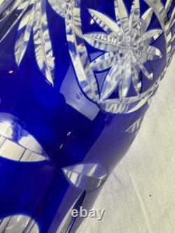 Gorgeous Bohemian Czech Cobalt Blue Cut to Clear Crystal Art Glass Vase 11 Tall