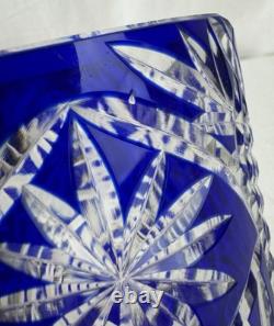Gorgeous Bohemian Czech Cobalt Blue Cut to Clear Crystal Art Glass Vase 11 Tall