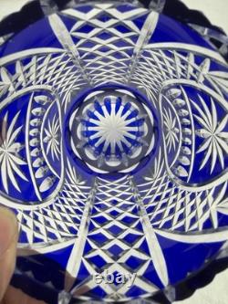 Gorgeous Bohemian Czech Cobalt Blue Cut to Clear Crystal Art Glass Vase 11 Tall