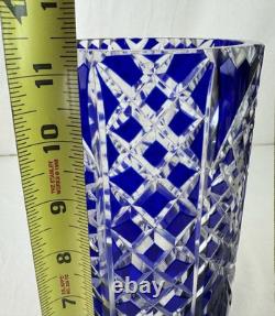 Gorgeous Bohemian Czech Cobalt Blue Cut to Clear Crystal Art Glass Vase 11 Tall