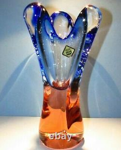 Gorgeous Czech Vase CHRIBSKA Crystal Glass Peach Pink & Blue Thick Heavy Bohemia