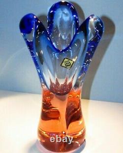 Gorgeous Czech Vase CHRIBSKA Crystal Glass Peach Pink & Blue Thick Heavy Bohemia