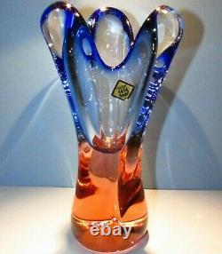 Gorgeous Czech Vase CHRIBSKA Crystal Glass Peach Pink & Blue Thick Heavy Bohemia