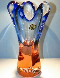 Gorgeous Czech Vase CHRIBSKA Crystal Glass Peach Pink & Blue Thick Heavy Bohemia