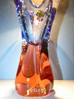 Gorgeous Czech Vase CHRIBSKA Crystal Glass Peach Pink & Blue Thick Heavy Bohemia