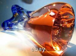 Gorgeous Czech Vase CHRIBSKA Crystal Glass Peach Pink & Blue Thick Heavy Bohemia