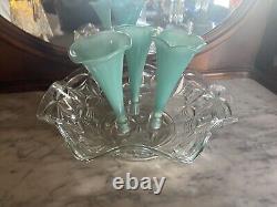 Gorgeous Glass Rare AQUA BLUE /Clear EPERGNE, 3 Horn With Pattern Glass Bowl