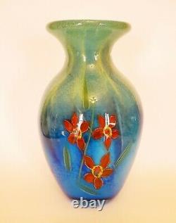Gorgeous Hand Blown Art Glass Murano Vase Encased Green Blue Red Heavy 11 tall