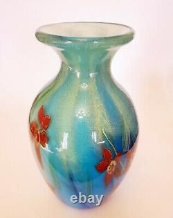 Gorgeous Hand Blown Art Glass Murano Vase Encased Green Blue Red Heavy 11 tall
