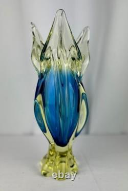 Gorgeous MCM PETRA MURANO 3 pointed Yellow and Blue Glass Art Vase from Italy