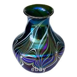 Gorgeous Orient & Flume Art Glass 5 1/2 Vase Blue Green Signed 1984