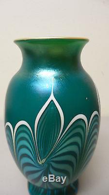 Gorgeous Orient & Flume Teal Blue Iridescent Art Glass Vase Signed, Dated 1980