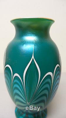 Gorgeous Orient & Flume Teal Blue Iridescent Art Glass Vase Signed, Dated 1980