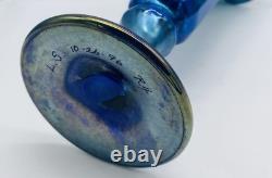 Gorgeous Signed LUNDBERG Iridescent Blue Aurene Glass Trumpet Vase 10 Tall