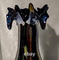 Gorgeous & Unique 8 Titanium Glazed Browns & Blue Glass Art Ruffled Rim Vase