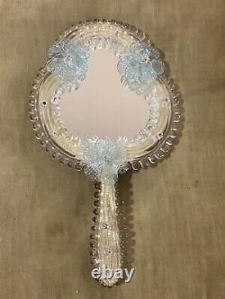 Gorgeous Venetian Murano Glass Hand Mirror Vintage Blue Flowers