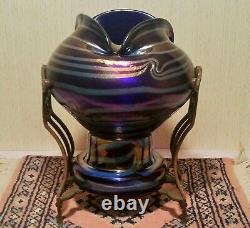HECKERT Jugendstil art glass vase antique blue silver vtg bohemian cobalt kralik
