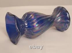 HTF Fenton COBALT BLUE Iridized SPIRAL TWIST Carnival Art Glass 7 VASE Crimp Top