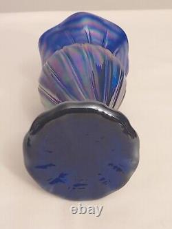 HTF Fenton COBALT BLUE Iridized SPIRAL TWIST Carnival Art Glass 7 VASE Crimp Top