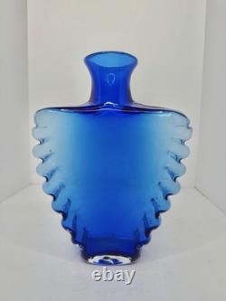 HTF Vintage Blenko Glass 9109 Cog Ribbed Edge Vase In Azure 11 Hank Adam's