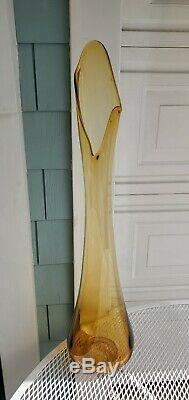 HUGE & RARE Vtg Midcentury LE SMITH Swung GLASS Stretch Floor Vase AMBER 34x9