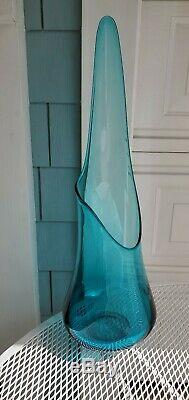 HUGE & RARE Vtg Midcentury LE SMITH Swung GLASS Stretch Floor Vase BLUE 30x10
