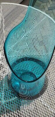 HUGE & RARE Vtg Midcentury LE SMITH Swung GLASS Stretch Floor Vase BLUE 30x10
