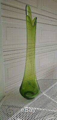 HUGE & RARE Vtg Midcentury LE SMITH Swung GLASS Stretch Floor Vase GREEN 34x9