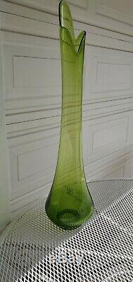 HUGE & RARE Vtg Midcentury LE SMITH Swung GLASS Stretch Floor Vase GREEN 34x9