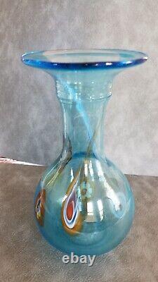 Hand Blown Art Glass Light Blue Vase withSwirled Millefiori 8