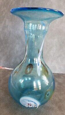 Hand Blown Art Glass Light Blue Vase withSwirled Millefiori 8