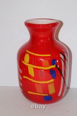 Hand Blown Art Glass Vase 9.25 Heavy Red Multicolor Abstract