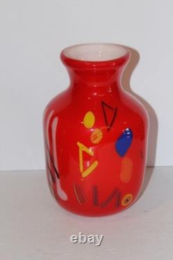 Hand Blown Art Glass Vase 9.25 Heavy Red Multicolor Abstract
