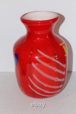 Hand Blown Art Glass Vase 9.25 Heavy Red Multicolor Abstract