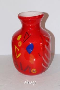 Hand Blown Art Glass Vase 9.25 Heavy Red Multicolor Abstract