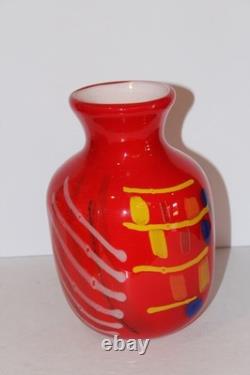Hand Blown Art Glass Vase 9.25 Heavy Red Multicolor Abstract