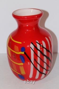 Hand Blown Art Glass Vase 9.25 Heavy Red Multicolor Abstract