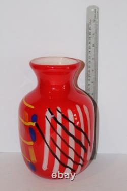 Hand Blown Art Glass Vase 9.25 Heavy Red Multicolor Abstract