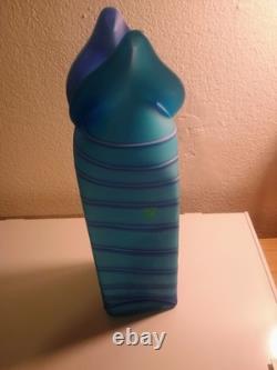 Hand-Blown Art Glass Vase Blue Abstract Design 9 Tall