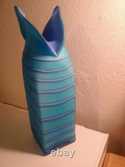 Hand-Blown Art Glass Vase Blue Abstract Design 9 Tall