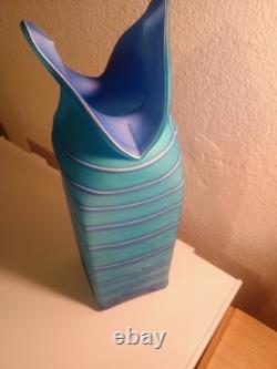 Hand-Blown Art Glass Vase Blue Abstract Design 9 Tall