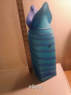 Hand-Blown Art Glass Vase Blue Abstract Design 9 Tall