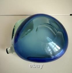Hand Blown Art Glass Vase Blue Aqua Freeform Sculptural Murano Style Vintage